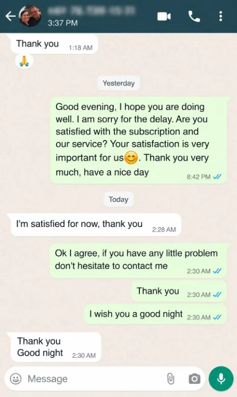WhatsApp review from a MyrixTV customer