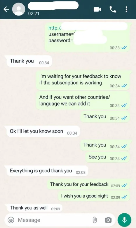 WhatsApp review from a MyrixTV customer