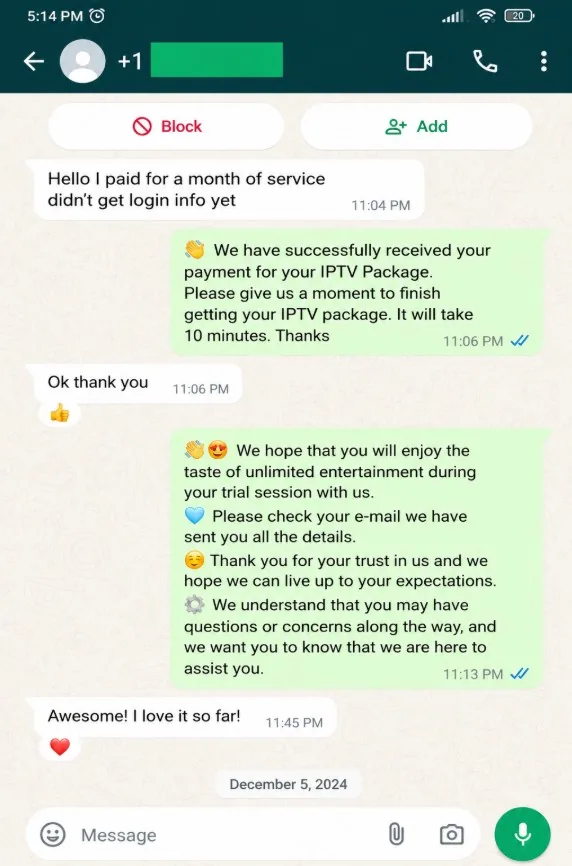 WhatsApp review from a MyrixTV customer