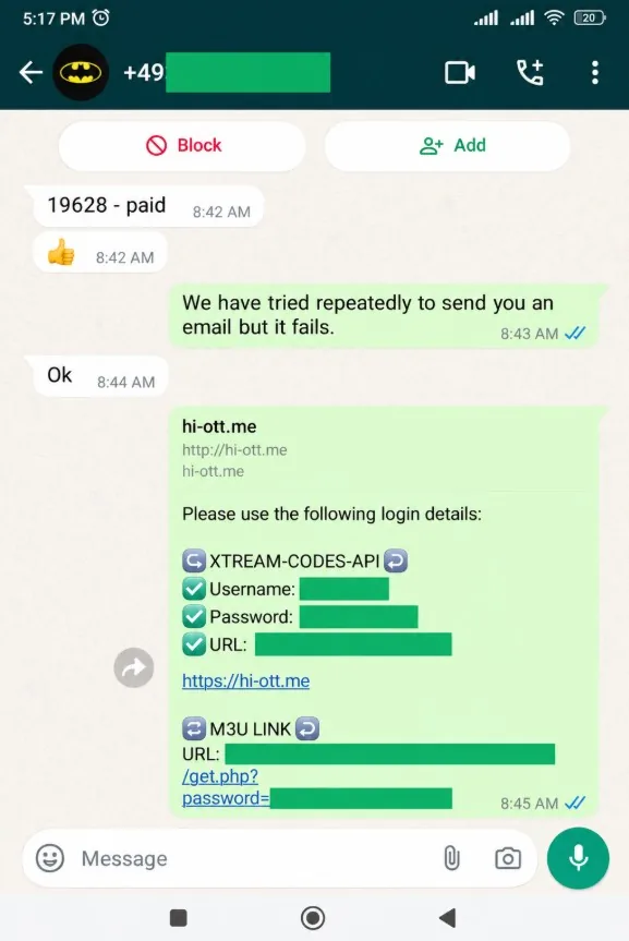 WhatsApp review from a MyrixTV customer