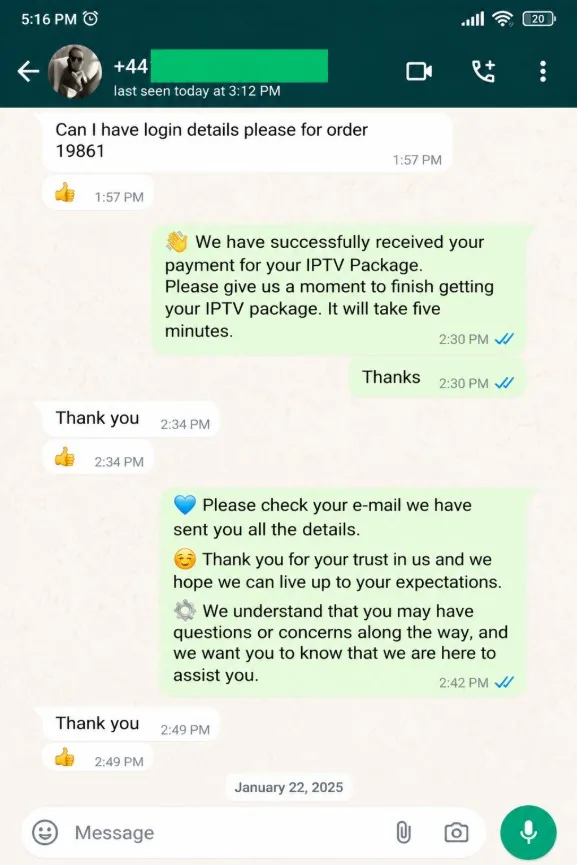 WhatsApp review from a MyrixTV customer